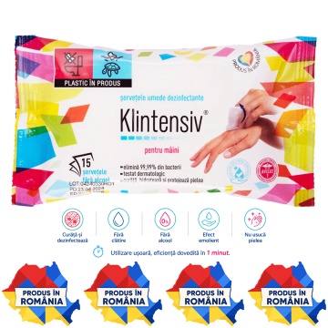 Șervețele dezinfectante mâini Klintensiv, pachet 15 buc, gata de utilizare, bactericide și levuricide, fără clătire, cu agent emolient, aviz biocid, 4x Stickere