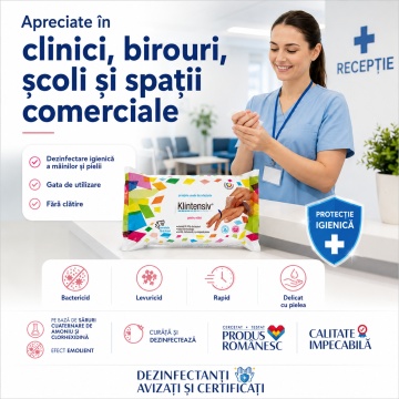 Șervețele dezinfectante mâini Klintensiv, pachet 70 buc, pentru igiena mâinilor și pielii, bactericide, levuricide, fără clătire, pentru birou, școli, restaurante și spații publice, aviz biocid, 4x Stickere - Img 5
