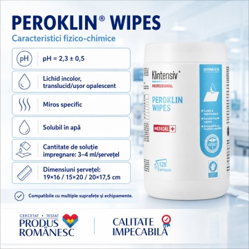 Servețele dezinfectante profesionale Peroklin Wipes Klintensiv, gata de utilizare, cu peroxid de hidrogen și săruri de amoniu cuaternar, pentru suprafețe, echipamente și instrumentar medical, tub 120 servetele, 4x Stickere - Img 5