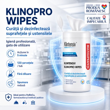 Șervețele dezinfectante suprafețe Klinopro Wipes, profesionale, bactericide, fungicide și virucide în 5 minute, pentru HoReCa, farmaceutic, alimentar și instituții publice, tub 120 buc, 4x Stickere - Img 5