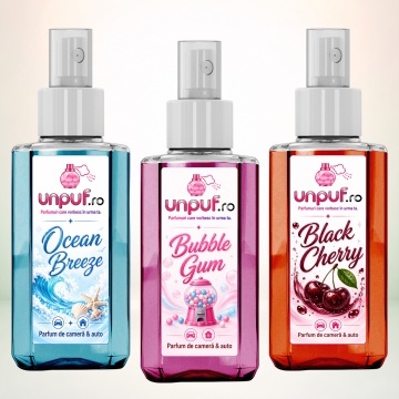 Set 3 Odorizante auto si casa Unpuf, Arome Black Cherry Bubble Gum Ocean Breeze, cu pulverizator, improspatare aer si parfum de durata, 3x75 ml