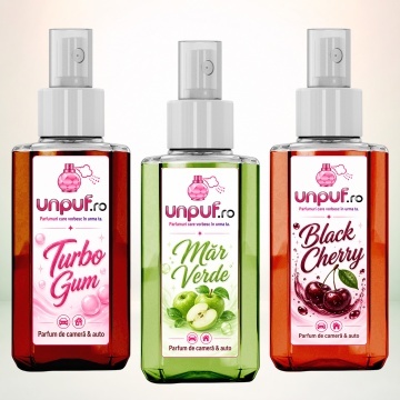 Set 3 Odorizante auto si casa Unpuf, Arome Black Cherry Mar Verde Turbo Gum, cu pulverizator, improspatare aer si parfum de durata, 3x75 ml
