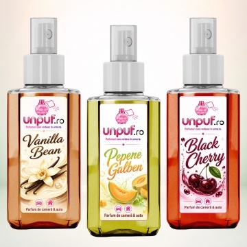 Set 3 Odorizante auto si casa Unpuf, Arome Black Cherry Pepene Galben Vanilla Bean, cu pulverizator, improspatare aer si parfum de durata, 3x75 ml