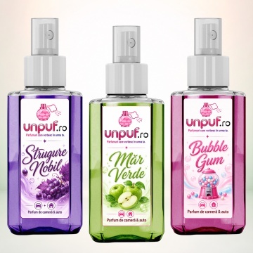 Set 3 Odorizante auto si casa Unpuf, Arome Bubble Gum Mar Verde Strugure Nobil, cu pulverizator, improspatare aer si parfum de durata, 3x75 ml