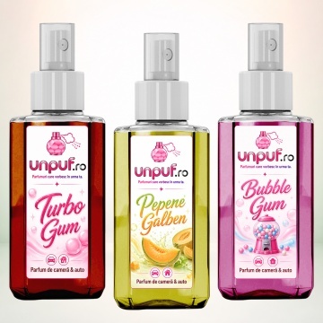 Set 3 Odorizante auto si casa Unpuf, Arome Bubble Gum Pepene Galben Turbo Gum, cu pulverizator, improspatare aer si parfum de durata, 3x75 ml