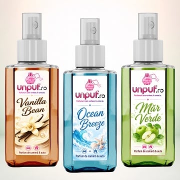 Set 3 Odorizante auto si casa Unpuf, Arome Mar Verde Ocean Breeze Vanilla Bean, cu pulverizator, improspatare aer si parfum de durata, 3x75 ml