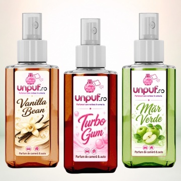 Set 3 Odorizante auto si casa Unpuf, Arome Mar Verde Turbo Gum Vanilla Bean, cu pulverizator, improspatare aer si parfum de durata, 3x75 ml