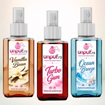 Set 3 Odorizante auto si casa Unpuf, Arome Ocean Breeze Turbo Gum Vanilla Bean, cu pulverizator, improspatare aer si parfum de durata, 3x75 ml
