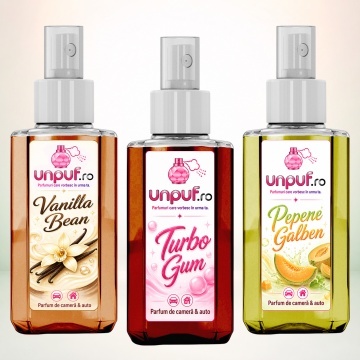 Set 3 Odorizante auto si casa Unpuf, Arome Pepene Galben Turbo Gum Vanilla Bean, cu pulverizator, improspatare aer si parfum de durata, 3x75 ml