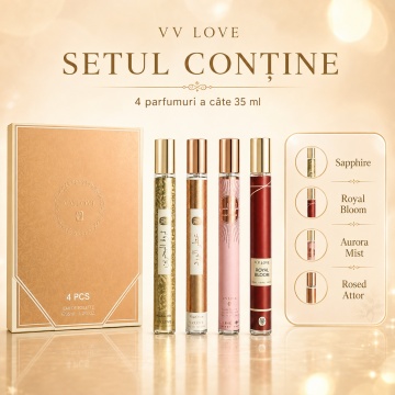 Set 4 Parfumuri Irezistibile V.V. Love 35 ml, Sapphire, Royal Bloom, Aurora Mist, Rosed Attor, set cadou, pentru Femei - Img 4