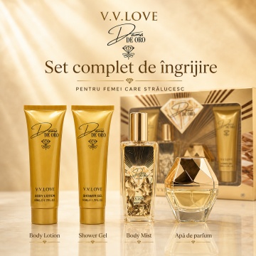 Set Cadou Damă V.V. Love Dama de Oro 4 Piese, Body Lotion, Body Mist, Eau de Parfum și Shower Gel 4x50 ml, Inspirat din Lady Million Rabanne - Img 6