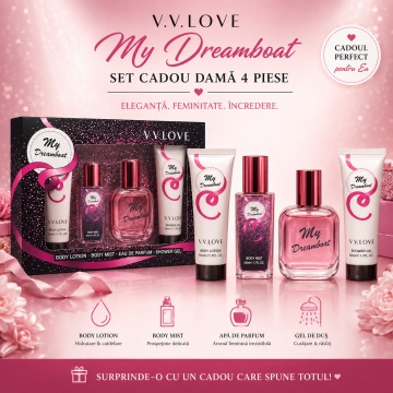 Set Cadou Damă V.V. Love My Dreamboat 4 Piese, Body Lotion, Body Mist, Eau de Parfum și Shower Gel 4x50 ml, Inspirat din Ariana Grande Sweet Like Candy