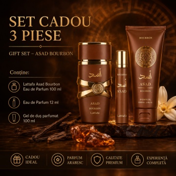 Set Cadou Lattafa Asad Bourbon 3 Piese, Eau de Parfum 100 ml + EDP 12 ml + Gel de Duș Parfumat 100 ml, Parfum Arabesc pentru Bărbați, Aromă Gourmand cu Vanilie Bourbon, Cacao, Lavandă, Ambră și Vetiver - Img 2