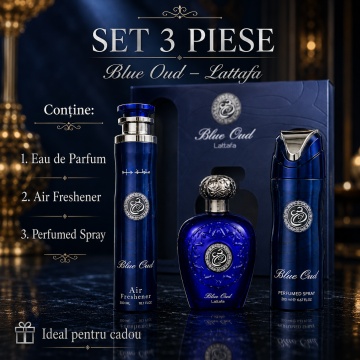 Set Cadou Lattafa Blue Oud 3 Piese, Eau de Parfum 100 ml + Spray Parfumat 200 ml + Odorizant Cameră 300 ml, Parfum Arabesc Unisex, Oud, Șofran, Mosc și Lemn de Santal - Img 3