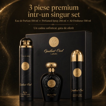 Set Cadou Lattafa Opulent Oud 3 Piese, Eau de Parfum 100 ml + Spray Parfumat 200 ml + Air Freshener 300 ml, Parfum Arabesc Unisex cu Oud, Ambră și Vanilie - Img 4