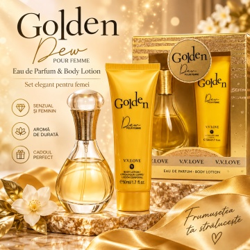 Set cadou V.V.Love Golden Dew Pour Femme, Eau de Parfum 30 ml + Body Lotion 50 ml, Parfum Feminin