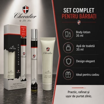 Set Chevalier 2x35 ml, Apă de Toaletă Bărbat 35 ml + Body Lotion 35 ml, Set Cadou Masculin, Aromă Elegantă, Proaspătă, Aromatică și Lemnoasă, Format Compact pentru Borsetă, Birou, Mașină și Călătorii - Img 6