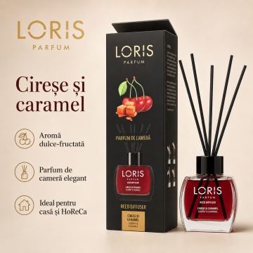 Set parfum odorizat de camera cu betisoare parfumate, miros placut persistent, LORIS PARFUM, esenta Cirese si Caramel, 120 ml