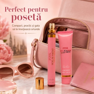 Set Pink Sexy Scandal Sexy Sexy 2x35 ml, Apă de Toaletă Damă 35 ml + Cremă de Mâini 35 ml, Aromă Dulce Florală, Gurmandă și Citrică, Note de Portocală Sângerie, Mandarină, Miere, Gardenie, Floare de Portocal, Iasomie, Piersică, Ceară de Albine, Caramel, P - Img 2