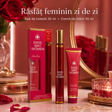 Set Swis Amy Women 2x35 ml, Apă de Parfum Damă 35 ml + Cremă de Mâini 35 ml, Aromă Proaspătă Florală, Verde și Moscată, Note de Ghimbir, Mușcată, Lăcrămioare, Măceșe, Mosc și Lemn Prețios - Img 2