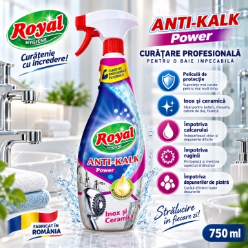Solutie anticalcar Royal Anti-Kalk Power, pentru Inox și Ceramică, Împotriva Calcarului, Ruginii și Depunerilor Minerale, Peliculă de Protecție, Fabricat în România, 750 ml