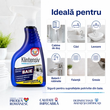 Soluție curățare baie Klintensiv, anticalcar, îndepărtează urme de apă și murdărie, protecție împotriva redepunerilor, pentru gresie, faianță, ceramică, cabine duș, baterii sanitare, 500 ml, 4x Stickere - Img 4
