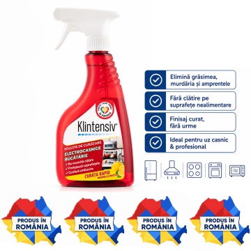 Soluție curățare electrocasnice Klintensiv, spray profesional pentru grăsime, pete și amprente, fără urme, pentru frigider, hotă, plită, cuptor, inox, crom, sticlă și plastic, 500 ml, 4x Stickere