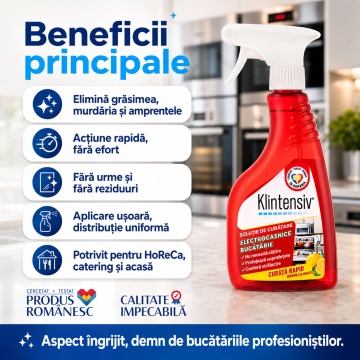 Soluție curățare electrocasnice Klintensiv, spray profesional pentru grăsime, pete și amprente, fără urme, pentru frigider, hotă, plită, cuptor, inox, crom, sticlă și plastic, 500 ml, 4x Stickere - Img 2