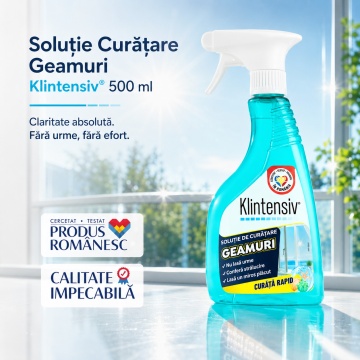 Soluție curățare geamuri Klintensiv, spray profesional pentru sticlă, oglinzi, vitrine și suprafețe lucioase, uscare rapidă, efect antistatic, fără urme, 500 ml, 4x Stickere - Img 2