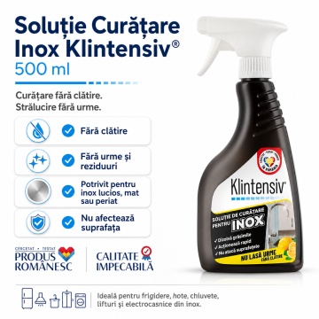 Soluție curățare inox Klintensiv, fără clătire, pentru inox lucios, mat și periat, îndepărtează grăsimea, murdăria și amprentele, finisaj fără urme, 500 ml, 4x Stickere - Img 2