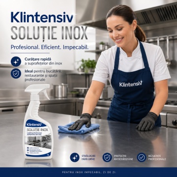 Soluție curățare inox Klintensiv, hidroalcoolică, gata de utilizare, pentru inox, aluminiu, crom, cupru și nichel, îndepărtează calcarul, grăsimea și urmele de detergent, 1 L, 4x Stickere - Img 2