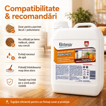 Soluție curățare parchet Klintensiv, detergent profesional concentrat pentru parchet lăcuit, protecție și strălucire naturală, fără clătire, diluție 1%, canistră, 5 L, 4x Stickere - Img 5