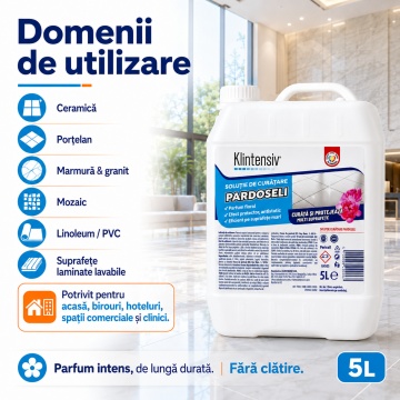 Soluție curățare pardoseli Klintensiv, detergent profesional concentrat, parfum persistent, fără clătire, pentru pardoseli lavabile, ceramică, piatră naturală, PVC și spații comerciale, 5 L, 4x Stickere - Img 5