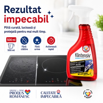 Soluție curățare plită vitroceramică Klintensiv, pentru plite cu inducție și sticlă ceramică, îndepărtează grăsimea arsă și petele persistente, finisaj fără urme, protecție împotriva depunerilor, 500 ml, 4x Stickere - Img 2