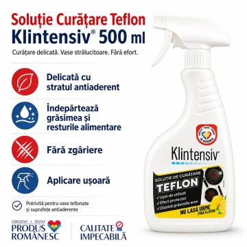 Soluție curățare teflon Klintensiv, pentru vase antiaderente, tigăi, cratițe și tăvi, curățare delicată fără zgâriere, îndepărtează grăsimea și resturile alimentare, 500 ml, 4x Stickere - Img 2