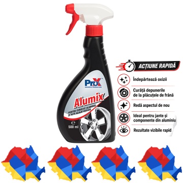 Soluție curățat aluminiu PRO X Alumix, pentru aluminiu și aliaje ușoare, acțiune rapidă, îndepărtează oxizi, praf de frână și impurități, pentru jante, ornamente și componente auto, 500 ml, 4x Stickere
