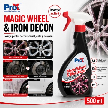 Soluție decontaminare jante și caroserie PRO X Magic Wheel & Iron Decon, fallout remover cu pH neutru, indicator activ roșu, pentru oxizi de fier și depuneri plăcuțe frână, 500 ml, 4x Stickere - Img 3