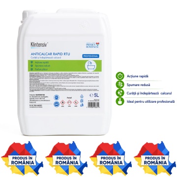 Soluție profesională anticalcar Klintensiv Anticalcar Rapid RTU, pentru baie, bucătărie, inox, email, ceramică și suprafețe sanitare, acțiune rapidă, parfum plăcut, canistră 5 L, 4x Stickere