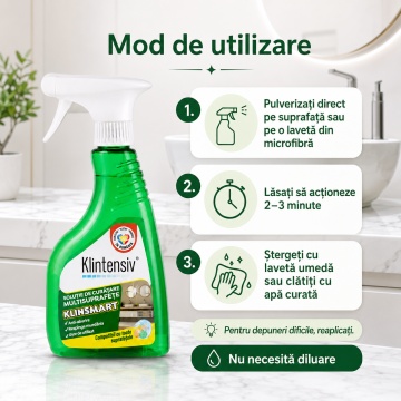 Soluție profesională de curățare Klintensiv KlinSmart, efect remanent, peliculă protectoare, anticalcar, degresant, antiaburire, baie și bucătărie, 500 ml, pulverizator, 4x Stickere - Img 3