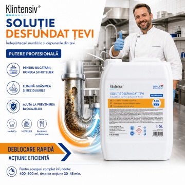 Soluție profesională pentru desfundarea țevilor Klintensiv, formulă concentrată acidă, pentru HoReCa, clădiri comerciale și rezidențiale, scurgeri, canalizări și sifoane, canistră 5 L, 4x Stickere - Img 5