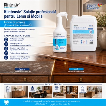 Soluție profesională pentru Lemn și Mobilă Klintensiv, curățare, protecție și luciu, efect antistatic, pentru mobilier, uși și suprafețe laminate, canistră 5 L, 4x Stickere - Img 5