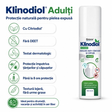 Spray repelent adulți Klinodiol, anti țânțari și căpușe, emulsie naturală fără DEET, cu Citriodiol 9,9%, protecție până la 8 ore, testat dermatologic, aviz biocid, 100 ml, 4x Stickere - Img 2