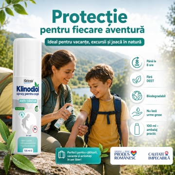 Spray repelent copii Klinodiol, anti țânțari, fără DEET, cu Citridiol 13%, protecție până la 8 ore, pH neutru, testat dermatologic, biodegradabil, 100 ml, 4x Stickere - Img 4