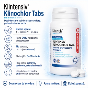 Tablete dezinfectante clor active Klintensiv Klinochlor Tabs, TP4, pentru suprafețe, pavimente, veselă și ustensile, spectru larg, bactericid, fungicid, virucid, 40 tablete, 4x Stickere - Img 2