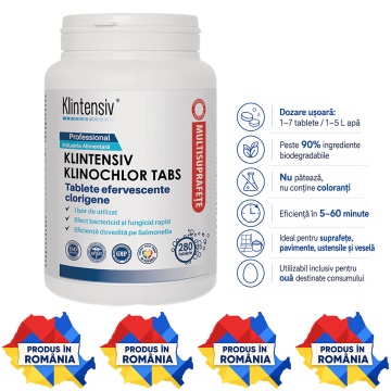 Tablete dezinfectante profesionale Klintensiv Klinochlor Tabs, clor activ, spectru larg, pentru HoReCa, producție alimentară, suprafețe și ustensile, flacon 280 tablete, 4x Stickere