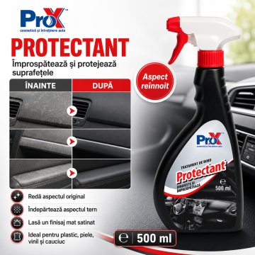 Tratament bord auto PRO X Protectant, dressing mat satinat pentru plastic, piele, vinil și cauciuc, efect antistatic, protecție și reîmprospătare suprafețe auto, 500 ml, 4x Stickere - Img 3