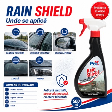 Tratament hidrofob parbriz PRO X Rain Shield, soluție anti-ploaie pentru exterior geamuri auto, parbriz, oglinzi, lunetă și faruri, efect repelent apă, vizibilitate îmbunătățită, 500 ml, 4x Stickere - Img 3
