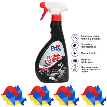 Tratament piele auto PRO X Leather Treatment, pentru piele naturală și sintetică, curățare ușoară, hrănire, protecție și reîmprospătare, efect antistatic, 500 ml, 4x Stickere