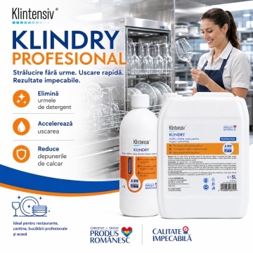 Aditiv profesional de clătire Klintensiv KLINDRY, pentru mașini automate de spălat vase, pahare, tacâmuri și veselă, anti-calcar, biodegradabil, fără parfum, canistră 5 L, 4x Stickere - Img 4