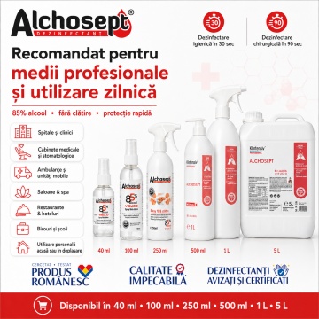 Alchosept dezinfectant profesional mâini și piele, hidroalcoolic, 85% etanol, dezinfectare igienică în 30 secunde și chirurgicală în 90 secunde, 1 L, 4x Stickere - Img 5